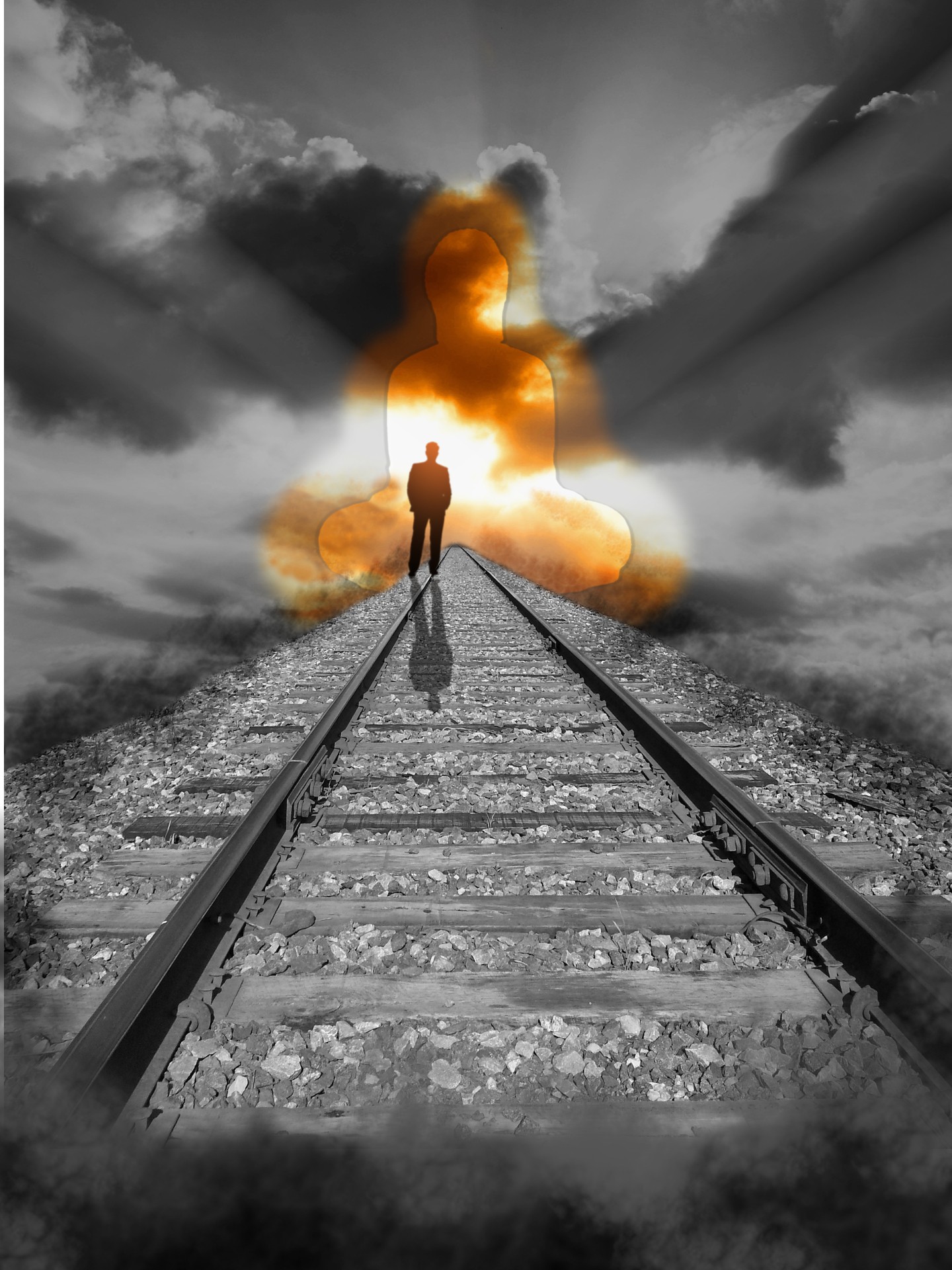 walking down railroad into ascension sunrise