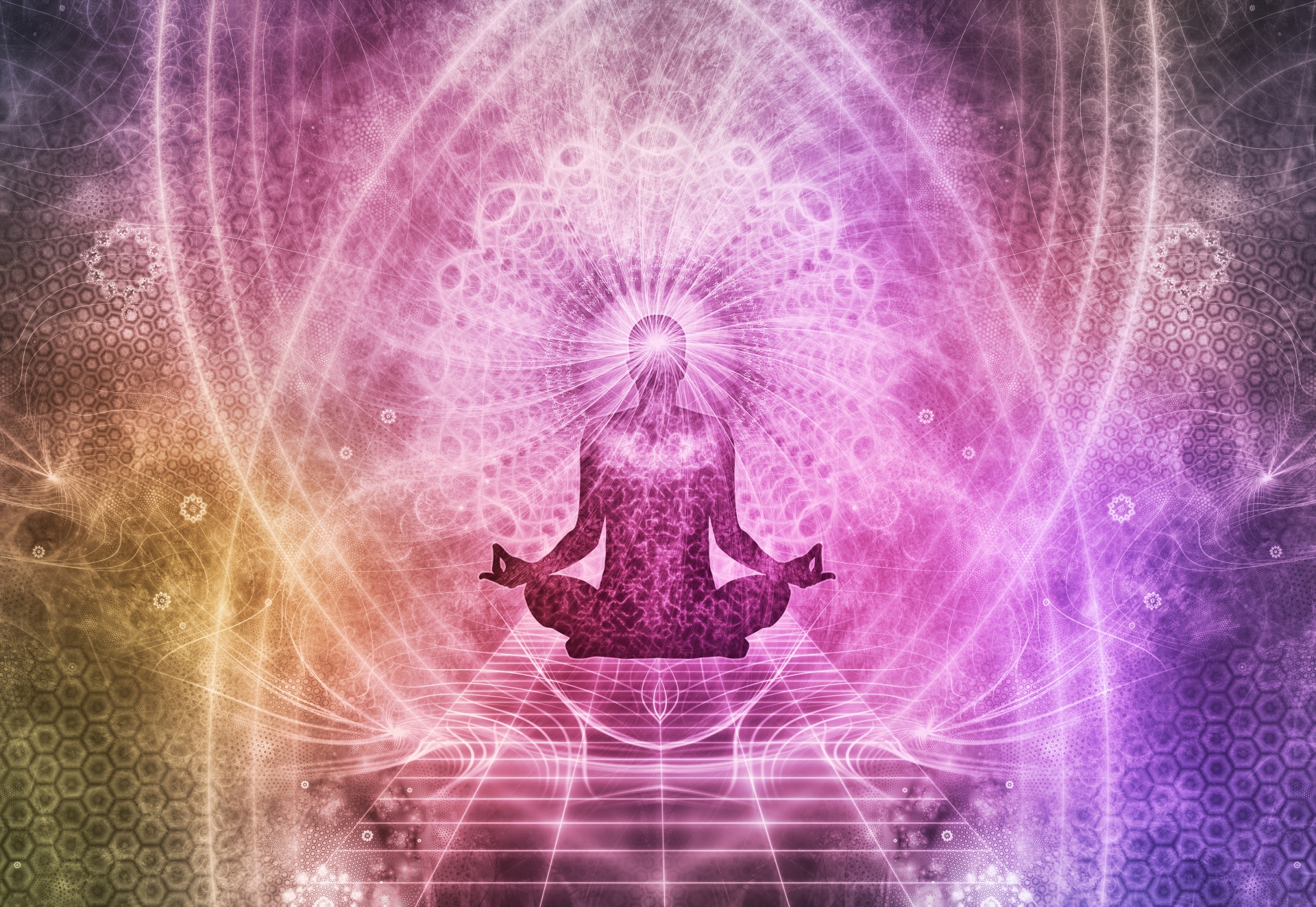 figure meditating lotus position and geometric light patterns
